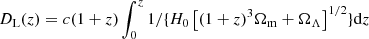 $ D_{\mathrm{L}}(z) = c(1+z) \int_{0}^{z} 1/\{H_{0}\left[(1+z)^{3} \Omega_{\mathrm{m}}+\Omega_{\Lambda}\right]^{1/2}\}\mathrm{d}z $