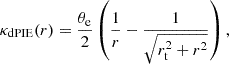 $$ \begin{aligned} \kappa _{\rm dPIE}(r)=\frac{\theta _{\rm e}}{2}\left( \frac{1}{ r}-\frac{1}{\sqrt{r_{\rm t}^2+r^2}}\right), \end{aligned} $$