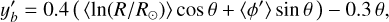 y_{b}^{\prime}=0.4\left(\left\langle\ln \left(R / R_{\odot}\right)\right\rangle \cos \theta+\left\langle\phi^{\prime}\right\rangle \sin \theta\right)-0.3 \theta