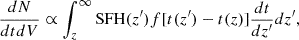 $$ \frac {dN}{dtdV} \propto \int _{z}^{\infty }{\mathrm {{SFH}}}(z^{\prime })f[t(z^{\prime })-t(z)]\frac { dt}{ dz^{\prime }} dz^{\prime }, $$