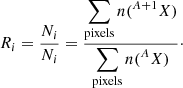 $$ \begin{aligned} R_i = \frac{{N}_i}{N_i} = \frac{\displaystyle \sum _{\rm pixels}n(^{A+1}X)}{\displaystyle \sum _{\rm pixels}n(^{A}X)} \cdot \end{aligned} $$