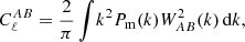 $$ \begin{aligned} C_\ell ^{A B}=\frac{2}{\pi } \int \! k^{2} P_\mathrm{m} (k) W_{AB}^{2}(k)\, \mathrm{d} k , \end{aligned} $$