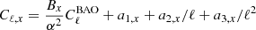$ C_{\ell, x} =\frac{B_x}{\alpha^2} C_\ell^{\mathrm{BAO}}+a_{1,x}+a_{2,x}/\ell+a_{3,x}/\ell^2 $