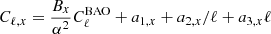 $ C_{\ell, x} =\frac{B_x}{\alpha^2} C_\ell^{\mathrm{BAO}}+a_{1,x}+a_{2,x}/\ell+a_{3,x}\ell $