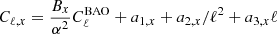 $ C_{\ell, x} =\frac{B_x}{\alpha^2} C_\ell^{\mathrm{BAO}}+a_{1,x}+a_{2,x}/\ell^2+a_{3,x}\ell $