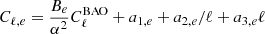 $ C_{\ell, e} = \frac{B_e}{\alpha^2} C_\ell^{\mathrm{BAO}}+a_{1,e}+a_{2,e}/\ell+a_{3,e}\ell $