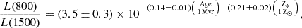 $$ \begin{aligned} \frac{L(800)}{L(1500)}=(3.5\pm 0.3) \times 10^{-({0.14\pm 0.01}) \left(\frac{\mathrm{Age}}{\mathrm{1\,Myr}}\right)-(0.21\pm 0.02) \left(\frac{\mathrm{Z_{*}}}{\mathrm{1\,Z_{\odot }}}\right)}, \end{aligned} $$