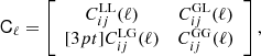 $$ \begin{aligned} \mathsf{C }_\ell = \left[ \begin{array}{cc} C^\mathrm{LL} _{ij}(\ell )&C^\mathrm{GL} _{ij}(\ell ) \\ [3pt] C^\mathrm{LG} _{ij}(\ell )&C^\mathrm{GG} _{ij}(\ell ) \end{array}\right], \end{aligned} $$