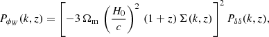 $$ \begin{aligned} P_{\phi _W}(k,z) = \left[-3\,\Omega _{\mathrm{m} }\,\left(\frac{H_0}{c}\right)^2\,(1+z)\,\Sigma (k,z)\right]^2P_{\delta \delta }(k,z), \end{aligned} $$