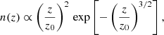 $$ \begin{aligned} n(z)\propto \left(\frac{z}{z_0}\right)^2\,\exp \left[-\left(\frac{z}{z_0}\right)^{3/2}\right], \end{aligned} $$