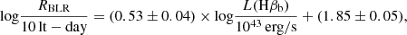 $$ \begin{aligned} {\log } \frac{R_{\mathrm{BLR} }}{10\,\mathrm{lt-day}} = (0.53 \pm 0.04) \times {\log } \frac{L(\mathrm{H} \beta _{\rm b})}{10^{43}\,\mathrm{erg/s}} + (1.85 \pm 0.05), \end{aligned} $$