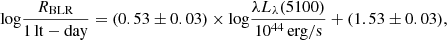 $$ \begin{aligned} {\log } \frac{R_{\mathrm{BLR} }}{1\,\mathrm{lt-day}} = (0.53 \pm 0.03) \times {\log } \frac{\lambda L_{{\lambda }}(5100)}{10^{44}\,\mathrm{erg/s}} + (1.53 \pm 0.03), \end{aligned} $$