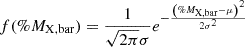 $$ f({\%}M_{\mathrm {X, bar}}) = \frac {1}{\sqrt {2\pi } \sigma } e^{-\frac {\left ({\%}M_{\mathrm {X, bar}} - \mu \right )^{2}}{2 \sigma ^{2}}} $$