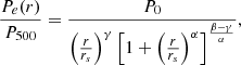 $$ \begin{aligned} \frac{P_e(r)}{P_{500}}=\frac{P_0}{\left(\frac{r}{r_s}\right)^\gamma \left[1+\left(\frac{r}{r_s}\right)^\alpha \right]^{\frac{\beta -\gamma }{\alpha }}}, \end{aligned} $$