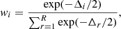 $$ { w}_i = \frac{\exp (-\Delta _i/2)}{\sum _{r=1}^{R} \exp (-\Delta _r/2)}, $$