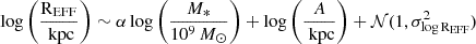 $$ \begin{aligned} \log \left( \frac{\mathrm{R}_{\mathrm{EFF} }}{\text{ kpc}} \right) \sim \alpha \log \left( \frac{M_*}{10^9\,M_{\odot }} \right) + \log \left( \frac{A}{\text{ kpc}} \right) + \mathcal{N} (1, \sigma ^2_{\log \mathrm{R}_{\mathrm{EFF} }}) \end{aligned} $$