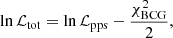 $$ \begin{aligned} \ln \mathcal{L} _{\mathrm{tot}} = \ln \mathcal{L} _{\mathrm{pps}} - \frac{\chi ^2_{\mathrm{BCG}}}{2}, \end{aligned} $$