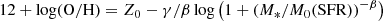 $$ \begin{aligned} 12 + \log (\mathrm{O/H}) = Z_{0} - \gamma /\beta \log \left(1 + (M_*/M_0(\mathrm{SFR}))^{-\beta }\right) \end{aligned} $$
