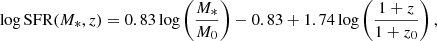 $$ \begin{aligned} \log \mathrm{SFR} (M_*, z) = 0.83 \log \left(\frac{M_*}{M_0}\right) - 0.83 + 1.74 \log \left(\frac{1+z}{1+ z_0}\right), \end{aligned} $$