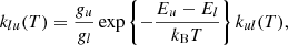 $$ \begin{aligned} k_{lu}(T) = \frac{g_u}{g_l}\exp \left\{ -\frac{E_u-E_l}{k_{\rm B}T}\right\} k_{ul}(T), \end{aligned} $$