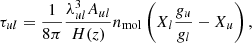 $$ \begin{aligned} \tau _{ul} = \frac{1}{8\pi } \frac{\lambda _{ul}^3A_{ul}}{H(z)}n_{\mathrm{mol}}\left(X_{l}\frac{g_{u}}{g_{l}}-X_{u}\right), \end{aligned} $$