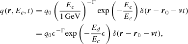 $$ \begin{aligned} q(\boldsymbol{r},E_{e},t)&=q_{0}\left(\frac{E_{e}}{1\,\mathrm{GeV}}\right)^{-\Gamma }{\mathrm{exp}}\left(-\frac{E_{e}}{E_{c}}\right)\delta (\boldsymbol{r}-\boldsymbol{r}_{0}-\boldsymbol{v}t)\nonumber \\&=q_{0}\epsilon ^{-\Gamma }{\mathrm{exp}}\left(-\frac{E_{d}}{E_{c}}\epsilon \right)\delta (\boldsymbol{r}-\boldsymbol{r}_{0}-\boldsymbol{v}t), \end{aligned} $$