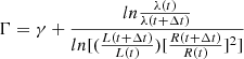 $$ \begin{aligned} \Gamma = \gamma + \frac{ln{\frac{\lambda (t)}{\lambda (t+\Delta t)}}}{ln[(\frac{L(t+\Delta t)}{L(t)})[\frac{R(t+\Delta t)}{R(t)}]^2]} \end{aligned} $$