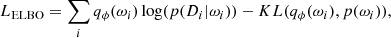 $$ \begin{aligned} L_{\rm ELBO} = \sum _i q_{\phi }(\mathrm{{\omega }}_i) \log ({p(D_i|\mathrm{{\omega }}_i)) } - KL( q_{\phi }(\mathrm{{\omega }}_i), p(\mathrm{{\omega }}_i) ), \end{aligned} $$