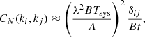 $$ \begin{aligned} C_{N}(k_i, k_j) \approx \left( \frac{\lambda ^2 B T_{\rm sys}}{A } \right)^2 \frac{\delta _{ij}}{B t}, \end{aligned} $$