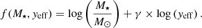$$ \begin{aligned} f(M_{\star },y_{\rm eff}) = \log \left(\frac{M_{\star }}{M_{\odot }}\right)+\gamma \times \log \left(y_{\rm eff}\right). \end{aligned} $$