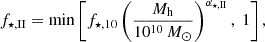 $$ \begin{aligned} f_{\star ,\mathrm{{II}}}&= \min \left[ f_{\star ,10} \left( \frac{M_{\rm {h}}}{10^{10}\,M_{\odot }} \right)^{\alpha _{\star ,\mathrm{{II}}}},\ 1 \right],\end{aligned} $$