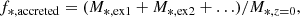 $$ \begin{aligned} f_{*,\mathrm {accreted}} = (M_{*,\mathrm {ex1}} + M_{*,\mathrm {ex2}} + \ldots )/M_{*, z = 0}, \end{aligned} $$