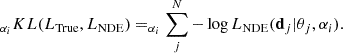 $$ \begin{aligned} _{\alpha _i} KL(L_{\rm True},L_{\rm NDE}) = _{\alpha _i}\sum _{j}^{N}-\log L_{\rm NDE} (\mathbf d_j |\theta _j,\alpha _i) . \end{aligned} $$