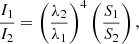 $$ \begin{aligned} \frac{I_{1}}{I_{2}} = \left(\frac{\lambda _{2}}{\lambda _{1}}\right)^4\left(\frac{S_{1}}{S_{2}}\right), \end{aligned} $$