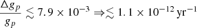 $$ \frac {\Delta g_p}{g_p}\lesssim 7.9\times 10^{-3}\Rightarrow \lesssim 1.1\times 10^{-12}\,{\mathrm {yr}}^{-1} $$
