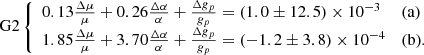 $$ {\rm G2}\left\{ \begin {array}{ll} 0.13\frac {\Delta \mu }{\mu }+0.26\frac {\Delta \alpha }{\alpha }+\frac {\Delta g_p}{g_p}= (1.0\pm 12.5)\times 10^{-3}& {\textrm {(a)}} \\ 1.85\frac {\Delta \mu }{\mu }+3.70\frac {\Delta \alpha }{\alpha }+\frac {\Delta g_p}{g_p}=(-1.2\pm 3.8)\times 10^{-4}& {\textrm {(b)}}. \end {array} \right . $$