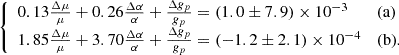 $$ \left\{ \begin {array}{ll} 0.13\frac {\Delta \mu }{\mu }+0.26\frac {\Delta \alpha }{\alpha }+\frac {\Delta g_p}{g_p}= (1.0\pm 7.9)\times 10^{-3}& {\textrm {(a)}} \\ 1.85\frac {\Delta \mu }{\mu }+3.70\frac {\Delta \alpha }{\alpha }+\frac {\Delta g_p}{g_p}=(-1.2\pm 2.1)\times 10^{-4}& {\textrm {(b)}}. \end {array} \right . $$
