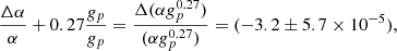 $$ \frac {\Delta \alpha }{\alpha }+0.27\frac {g_p}{g_p}=\frac {\Delta (\alpha g_p^{0.27})}{(\alpha g_p^{0.27})}=(-3.2\pm 5.7\times 10^{-5}), $$