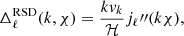$$ \begin{aligned} \Delta ^\mathrm{RSD}_\ell (k,\chi ) = \frac{k v_k}{\mathcal{H}} j_\ell {\prime \prime }(k\chi ), \end{aligned} $$