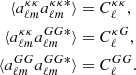$$ \begin{aligned} \langle a_{\ell m}^{\kappa \kappa } a_{\ell m}^{\kappa \kappa *} \rangle&= C_\ell ^{\kappa \kappa }, \nonumber \\ \langle a_{\ell m}^{\kappa \kappa } a_{\ell m}^{GG *} \rangle&= C_\ell ^{\kappa G}, \\ \langle a_{\ell m}^{GG} a_{\ell m}^{GG *} \rangle&= C_\ell ^{GG}.\nonumber \end{aligned} $$