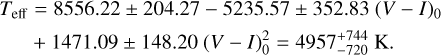 $\[\begin{aligned}T_{\text {eff }} & =8556.22 \pm 204.27-5235.57 \pm 352.83~(V-I)_0 \\& +1471.09 \pm 148.20~(V-I)_0^2=4957_{-720}^{+744} \mathrm{~K}.\end{aligned}\]$