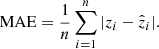 $$ \begin{aligned} \text{ MAE} = \frac{1}{n} \sum _{i = 1}^{n} |z_i - \hat{z}_i|. \end{aligned} $$