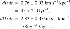 $\begin{align*} di/dt & =0.76 \pm 0.03\ \text{km}\ \text{s}^{-1}\ \text{kpc}^{-1} \\ & =45 \pm 2^{\circ}\ \text{Gyr}^{-1},\\ d \Omega / d t & =2.83 \pm 0.07\ \text{km}\ \text{s}^{-1}\ \text{kpc}^{-1} \\ & =166 \pm 4^{\circ}\ \text{Gyr}^{-1}.\end{align*}$