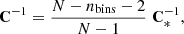 $$ \begin{aligned} \boldsymbol{\mathrm{C} }^{-1} = \frac{N - n_{\rm bins} - 2}{N - 1} \; \boldsymbol{\mathrm{C} }_*^{-1}, \end{aligned} $$