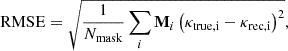 $$ \begin{aligned} \mathrm{RMSE} = \sqrt{ \frac{1}{N_{\rm mask}} \sum _{i} \mathbf M _i \left( \kappa _{\rm true, i} - \kappa _{\rm rec, i} \right)^2 }, \end{aligned} $$