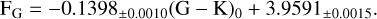 $\[\mathrm{F}_{\mathrm{G}}=-0.1398_{ \pm 0.0010}(\mathrm{G}-\mathrm{K})_0+3.9591_{ \pm 0.0015}.\]$