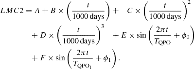 $$ \begin{aligned}LMC{2} &= A + B \times \left (\frac {t}{1000\,{\mathrm {days}}}\right ) +\quad C \times \left (\frac {t}{1000\,{\mathrm {days}}}\right )^2\\ &\quad + D \times \left (\frac {t}{1000\,{\mathrm {days}}}\right )^3 \quad + E \times \sin \left (\frac {2\pi t}{T_{{\mathrm {QPO}}}} + \phi _0\right )\\ &\quad + F \times \sin \left (\frac {2\pi t}{T_{{\mathrm {QPO}}_1}} + \phi _1\right ). \end{aligned} $$