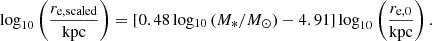 $$ \log _{10}\left (\frac {r_{{\textrm {e}},{\textrm {scaled}}}}{{\textrm {kpc}}}\right ) = [0.48{{\,\mathrm {log_{10}}\,}({M_{*}}/{M_{\odot }})}- 4.91] \log _{10}\left (\frac {r_{{\textrm {e}},0}}{{\textrm {kpc}}}\right ). $$