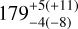 $179_{ - 4( - 8)}^{+ 5( + 11)}$