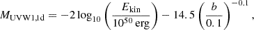 $$ M_{\mathrm {UVW1,1d}} = -2 \log _{10}\left (\frac {E_{\mathrm {kin}}}{10^{50}\,{\mathrm {erg}}}\right ) - 14.5 \left (\frac {b}{0.1}\right )^{-0.1}, $$